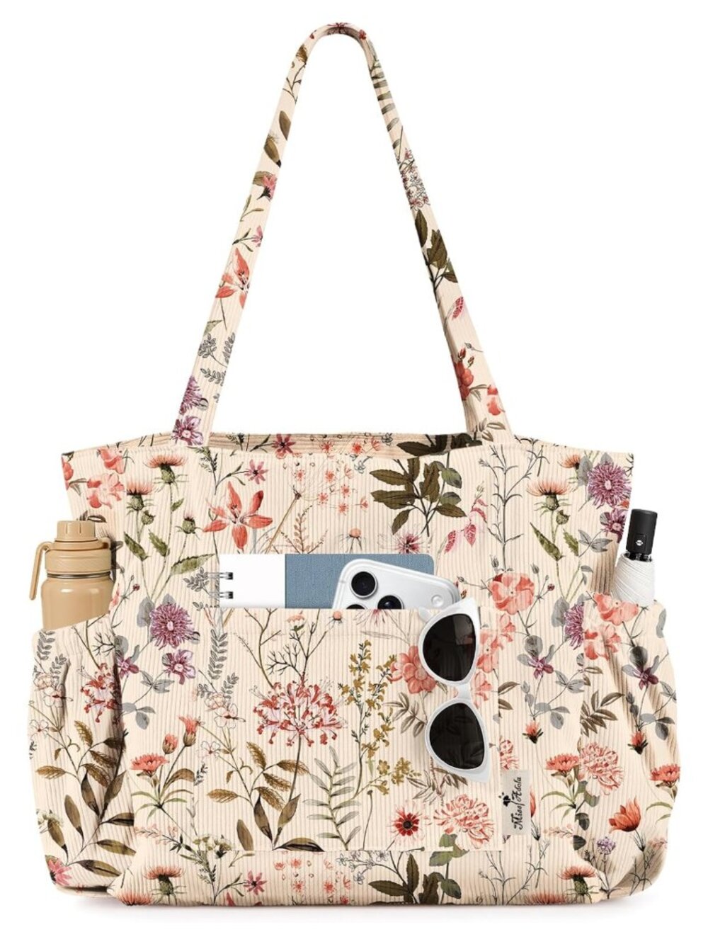 Corduroy Tote Bag Multi-Pocket Zipper Shoulder Bag for Work Travel